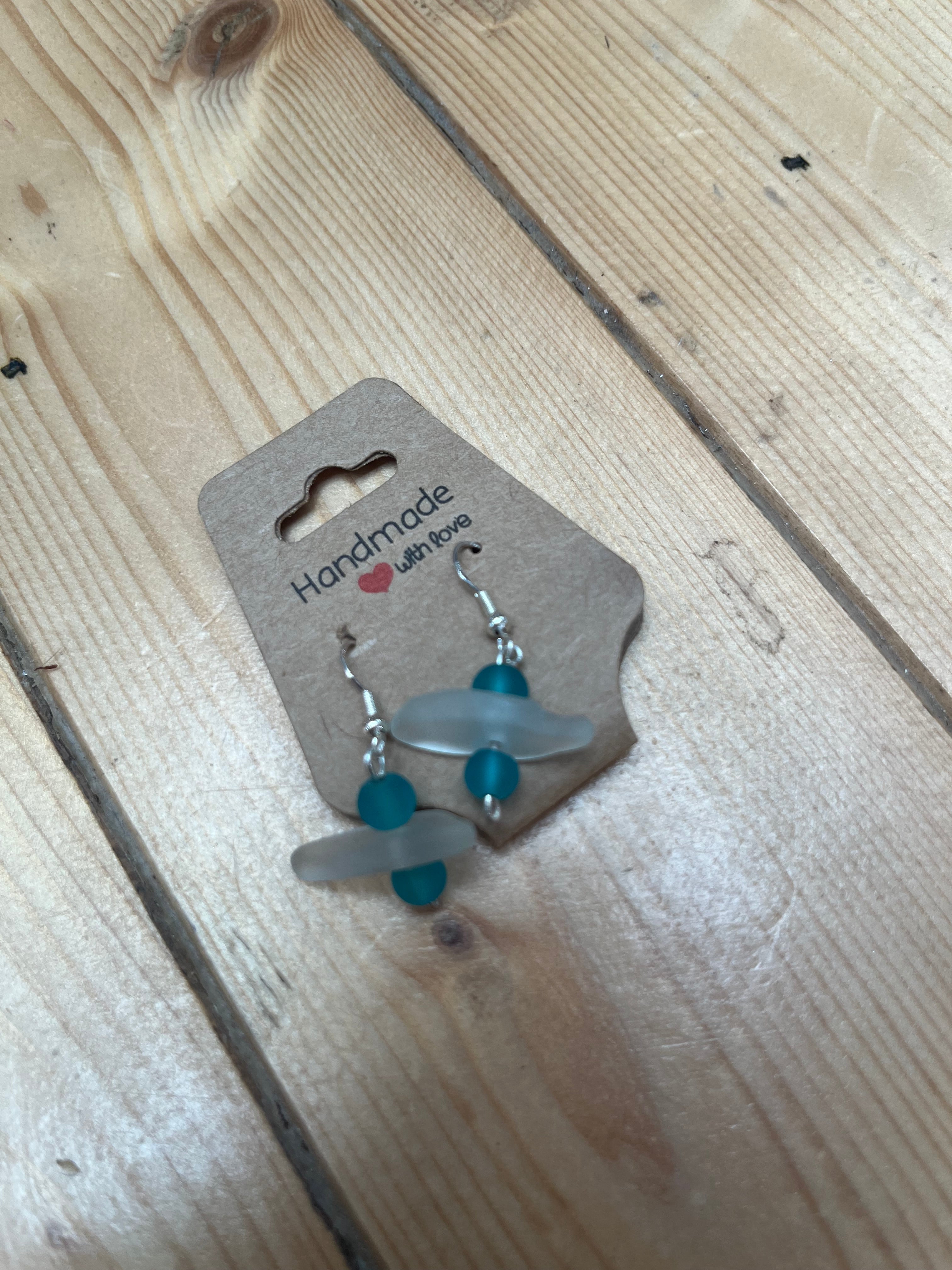 Blue Bead & White Seaglass Earrings