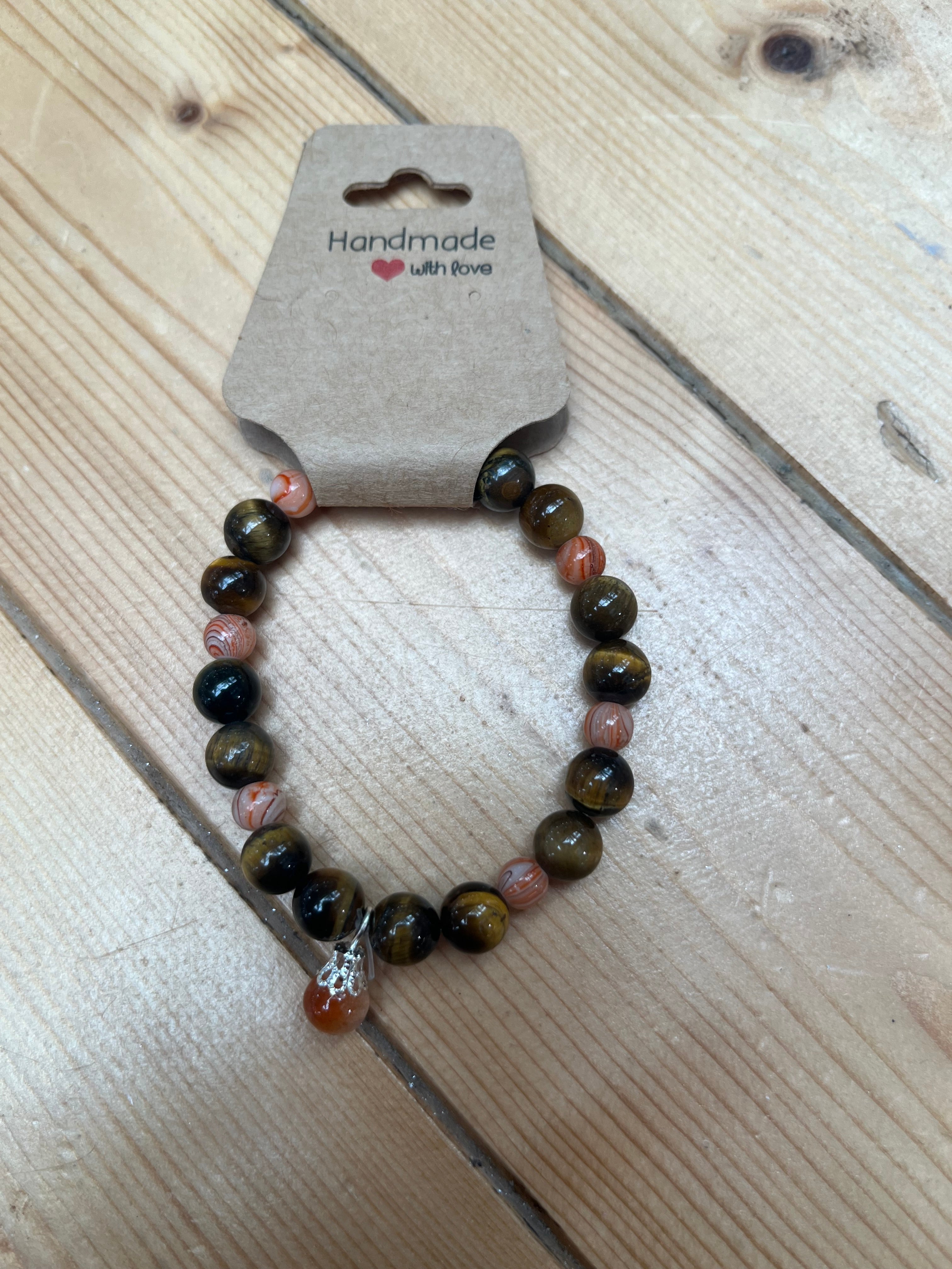 Gold Tigers Eye, Glass Bead and Carnelian Drop Bracelet
